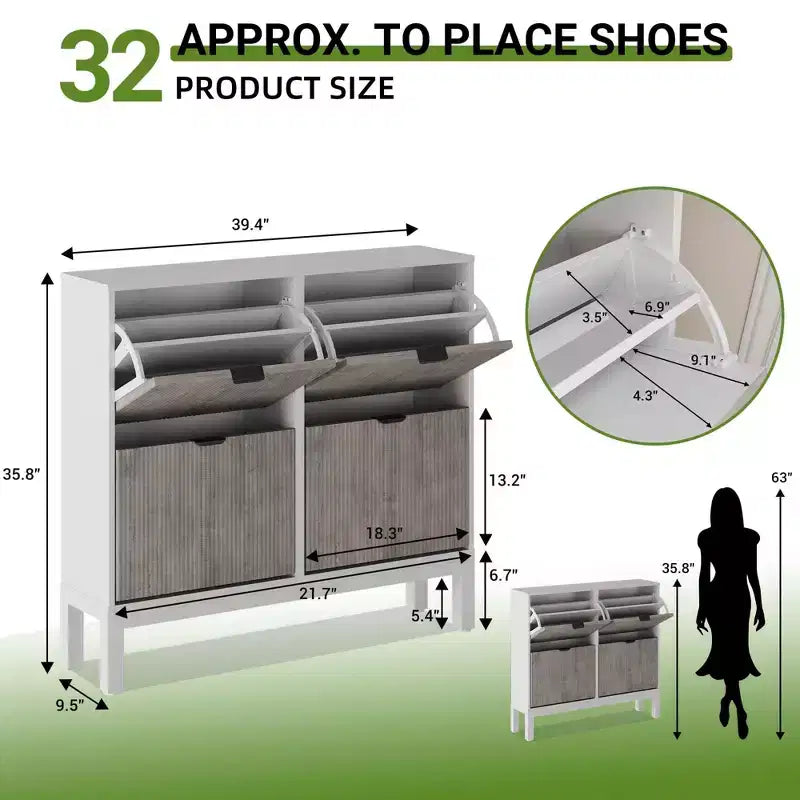 Meuble à chaussures 4 tiroirs, Organisateur d'entrée étroit autoportant avec pieds en métal, Blanc et Chêne