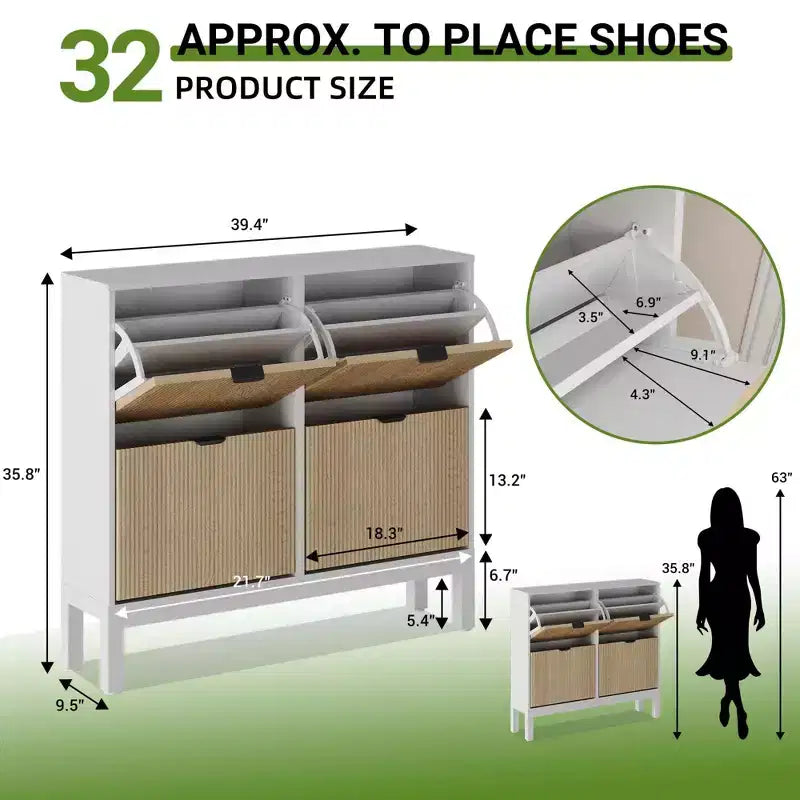 Meuble à chaussures 4 tiroirs, Organisateur d'entrée étroit autoportant avec pieds en métal, Blanc et Chêne