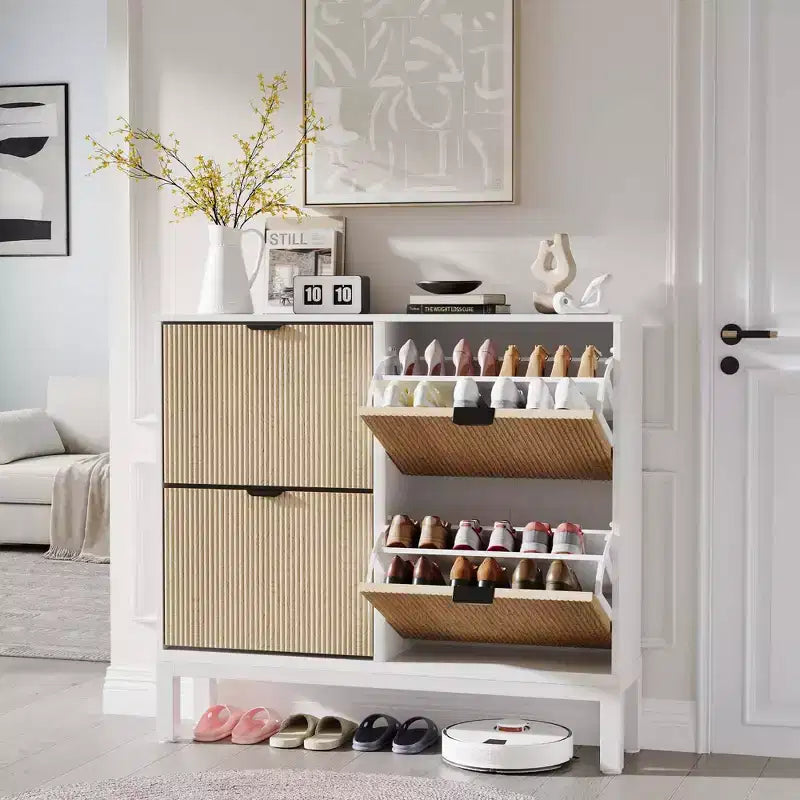 Meuble à chaussures 4 tiroirs, Organisateur d'entrée étroit autoportant avec pieds en métal, Blanc et Chêne