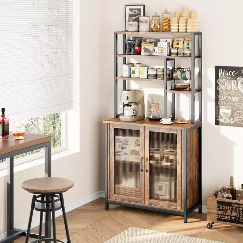 64,5" Étagère à micro-ondes à 5 niveaux, étagère de boulanger et station café-bar avec armoire