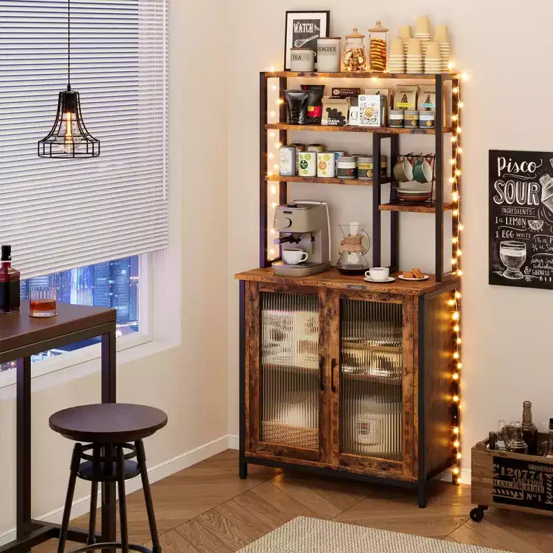 64,5" Étagère à micro-ondes à 5 niveaux, étagère de boulanger et station café-bar avec armoire