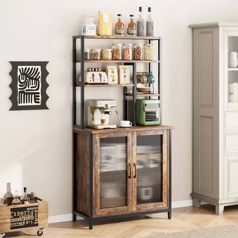 64,5" Étagère à micro-ondes à 5 niveaux, étagère de boulanger et station café-bar avec armoire