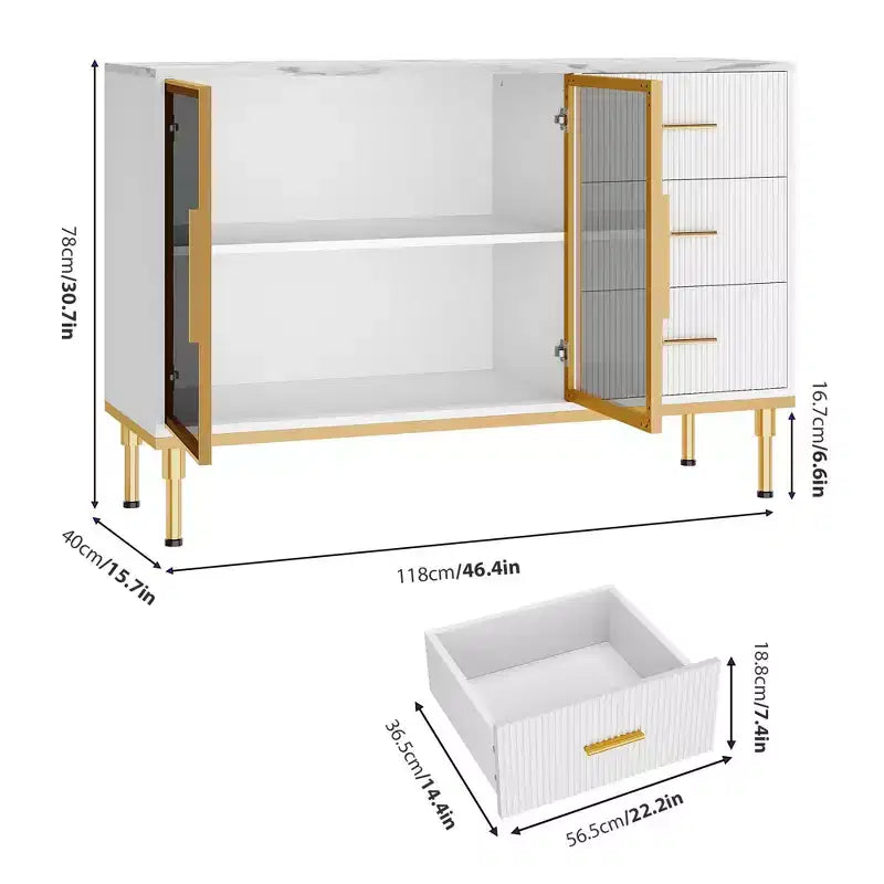 Buffet de 117,8 cm avec plateau en faux marbre, portes vitrées, 3 tiroirs et étagères réglables