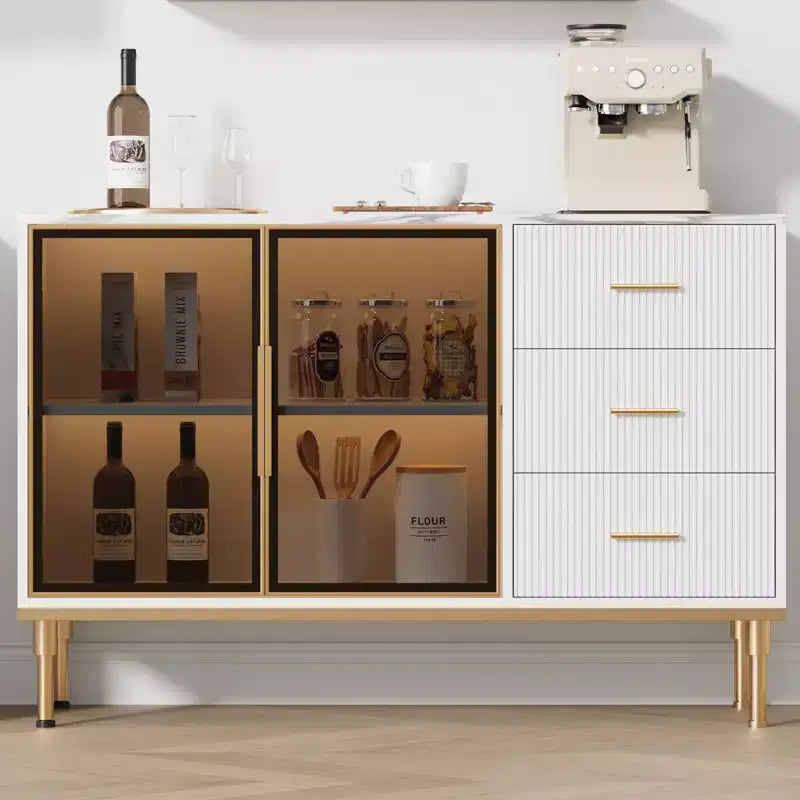 Buffet de 117,8 cm avec plateau en faux marbre, portes vitrées, 3 tiroirs et étagères réglables