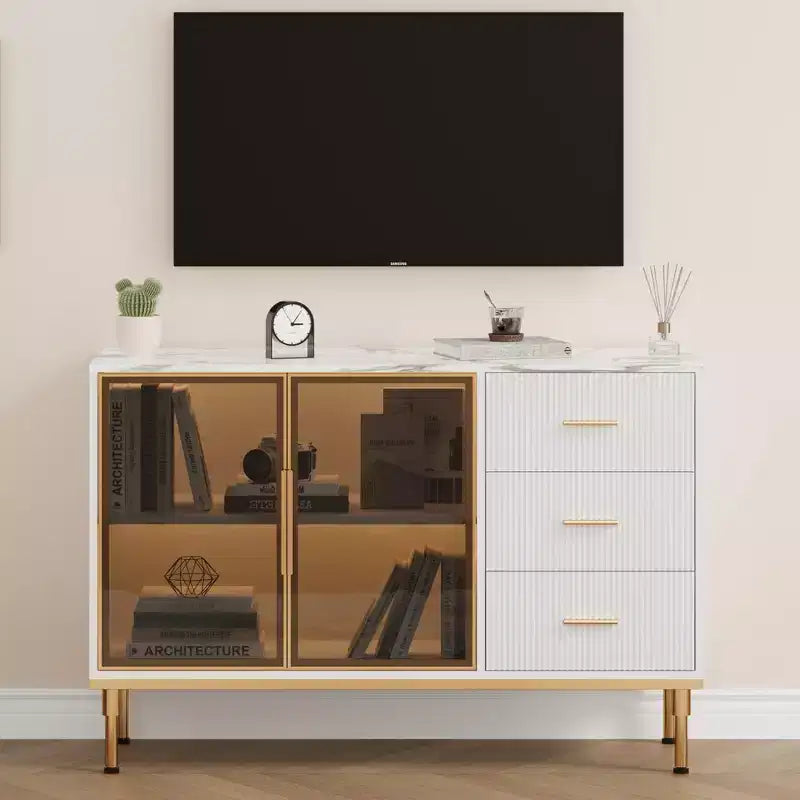 Buffet de 117,8 cm avec plateau en faux marbre, portes vitrées, 3 tiroirs et étagères réglables