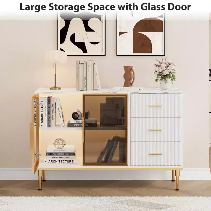 Buffet de 117,8 cm avec plateau en faux marbre, portes vitrées, 3 tiroirs et étagères réglables