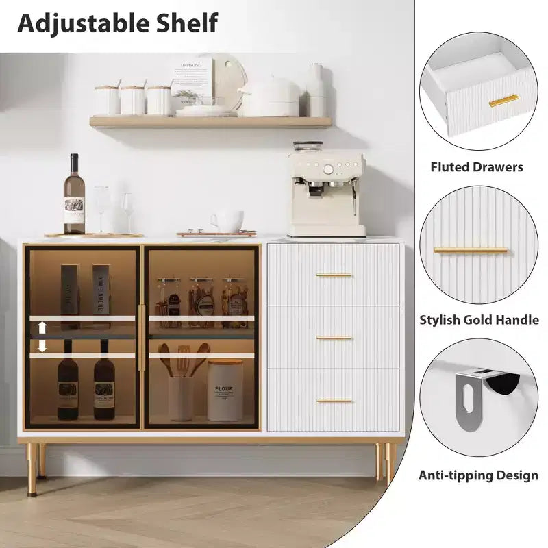 Buffet de 117,8 cm avec plateau en faux marbre, portes vitrées, 3 tiroirs et étagères réglables