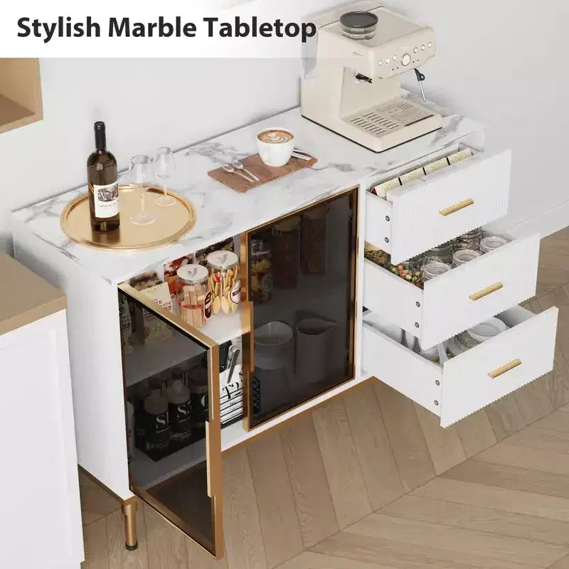 Buffet de 117,8 cm avec plateau en faux marbre, portes vitrées, 3 tiroirs et étagères réglables