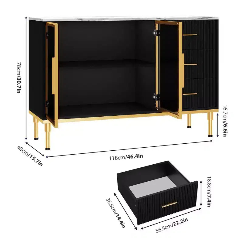 Buffet de 117,8 cm avec plateau en faux marbre, portes vitrées, 3 tiroirs et étagères réglables