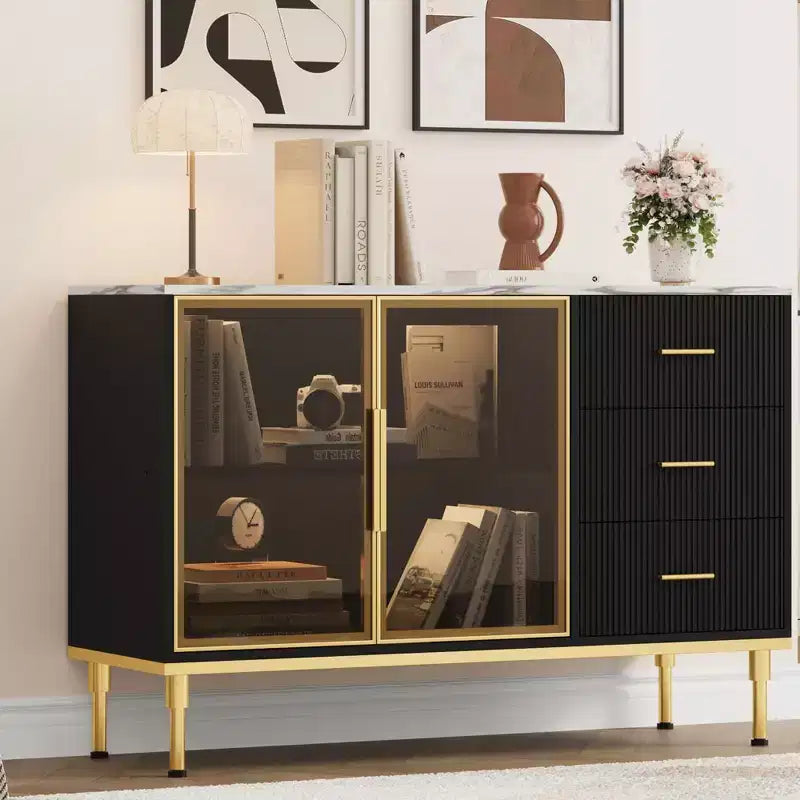 Buffet de 117,8 cm avec plateau en faux marbre, portes vitrées, 3 tiroirs et étagères réglables