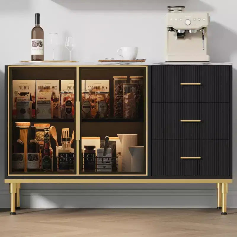 Buffet de 117,8 cm avec plateau en faux marbre, portes vitrées, 3 tiroirs et étagères réglables
