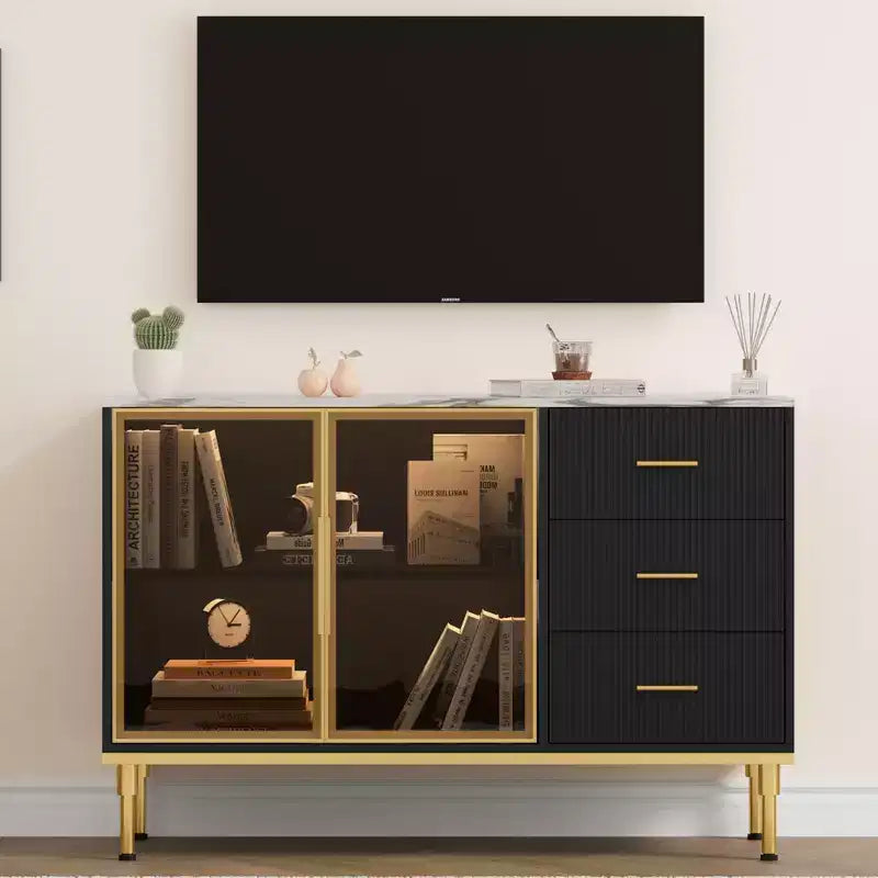 Buffet de 117,8 cm avec plateau en faux marbre, portes vitrées, 3 tiroirs et étagères réglables