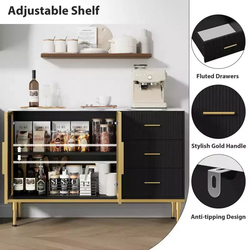 Buffet de 117,8 cm avec plateau en faux marbre, portes vitrées, 3 tiroirs et étagères réglables