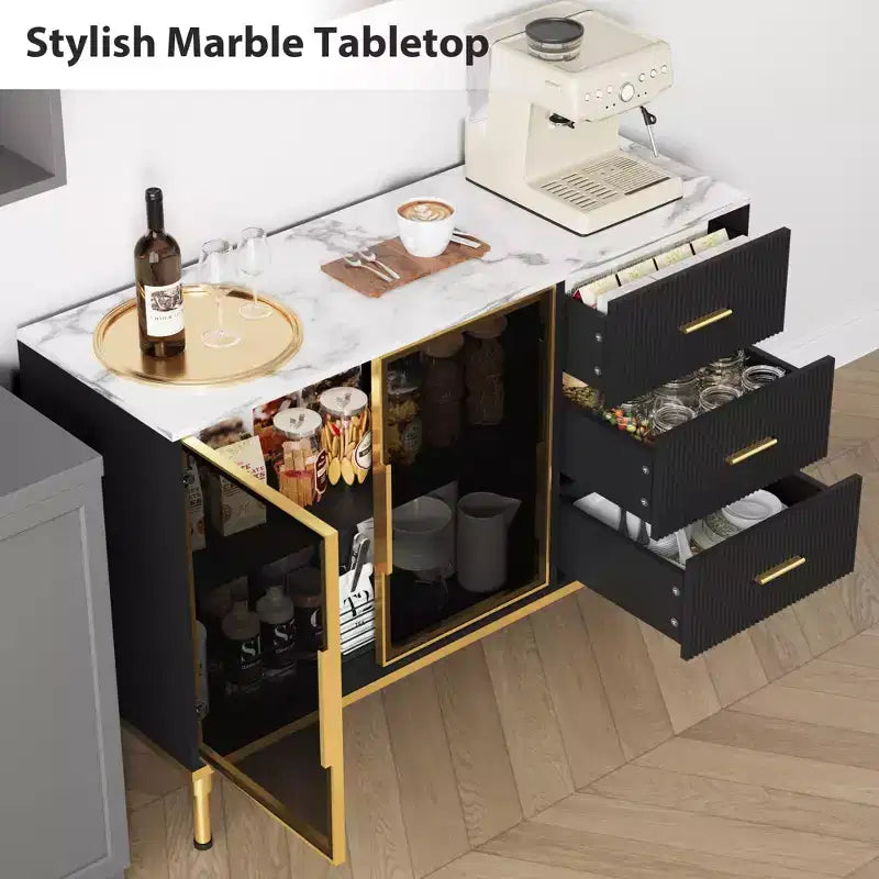 Buffet de 117,8 cm avec plateau en faux marbre, portes vitrées, 3 tiroirs et étagères réglables
