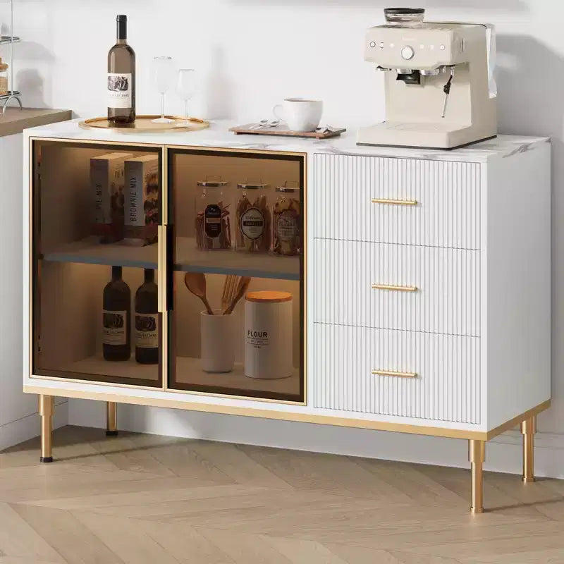 Buffet de 117,8 cm avec plateau en faux marbre, portes vitrées, 3 tiroirs et étagères réglables