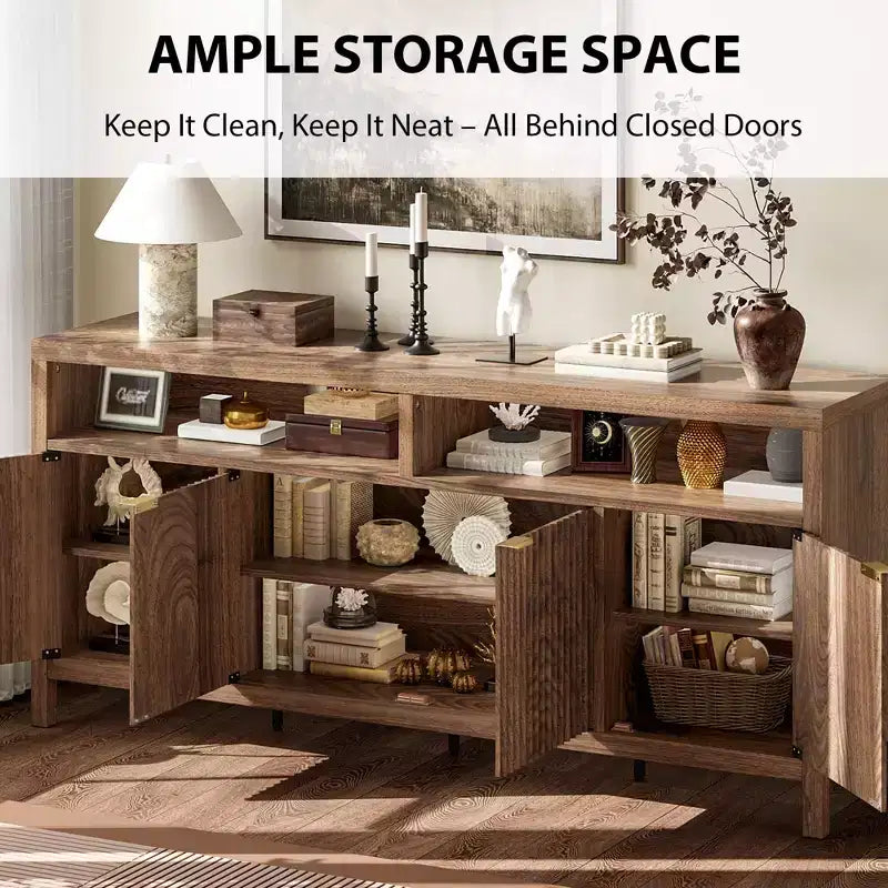 Buffet en bois cannelé de 167 cm, avec 4 portes de rangement pour salle à manger