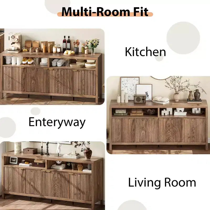 Buffet en bois cannelé de 167 cm, avec 4 portes de rangement pour salle à manger