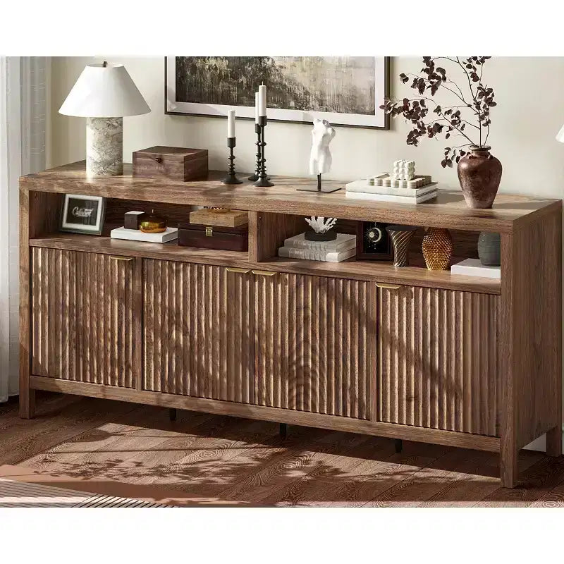 Buffet en bois cannelé de 167 cm, avec 4 portes de rangement pour salle à manger