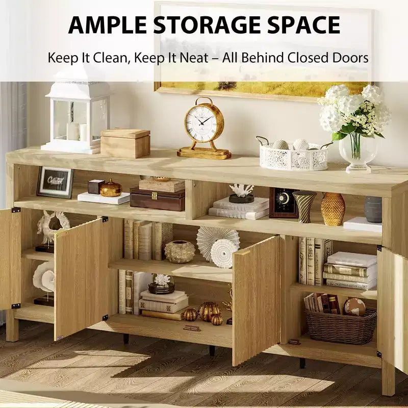 Buffet en bois cannelé de 167 cm, avec 4 portes de rangement pour salle à manger