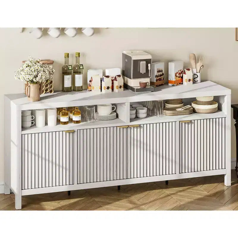 Buffet en bois cannelé de 167 cm, avec 4 portes de rangement pour salle à manger