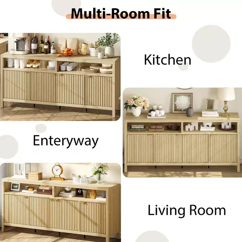 Buffet en bois cannelé de 167 cm, avec 4 portes de rangement pour salle à manger