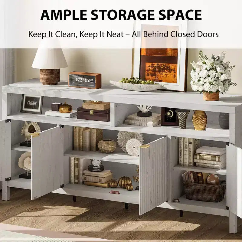 Buffet en bois cannelé de 167 cm, avec 4 portes de rangement pour salle à manger