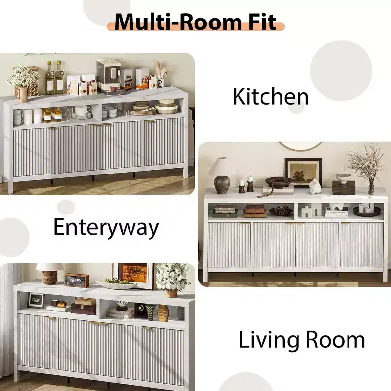 Buffet en bois cannelé de 167 cm, avec 4 portes de rangement pour salle à manger