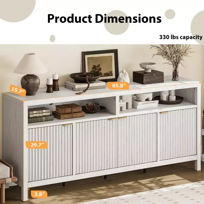 Buffet en bois cannelé de 167 cm, avec 4 portes de rangement pour salle à manger