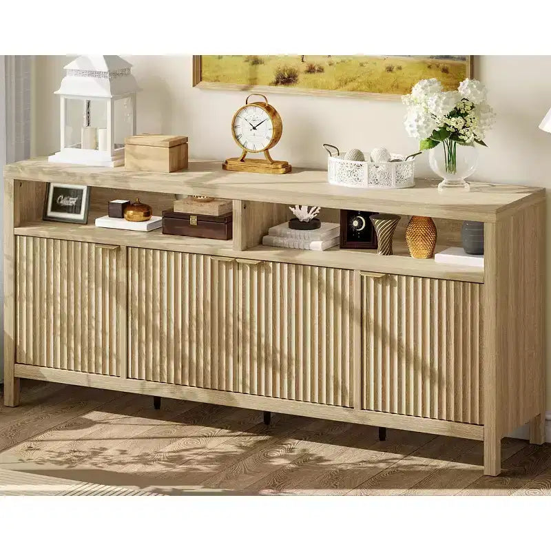 Buffet en bois cannelé de 167 cm, avec 4 portes de rangement pour salle à manger