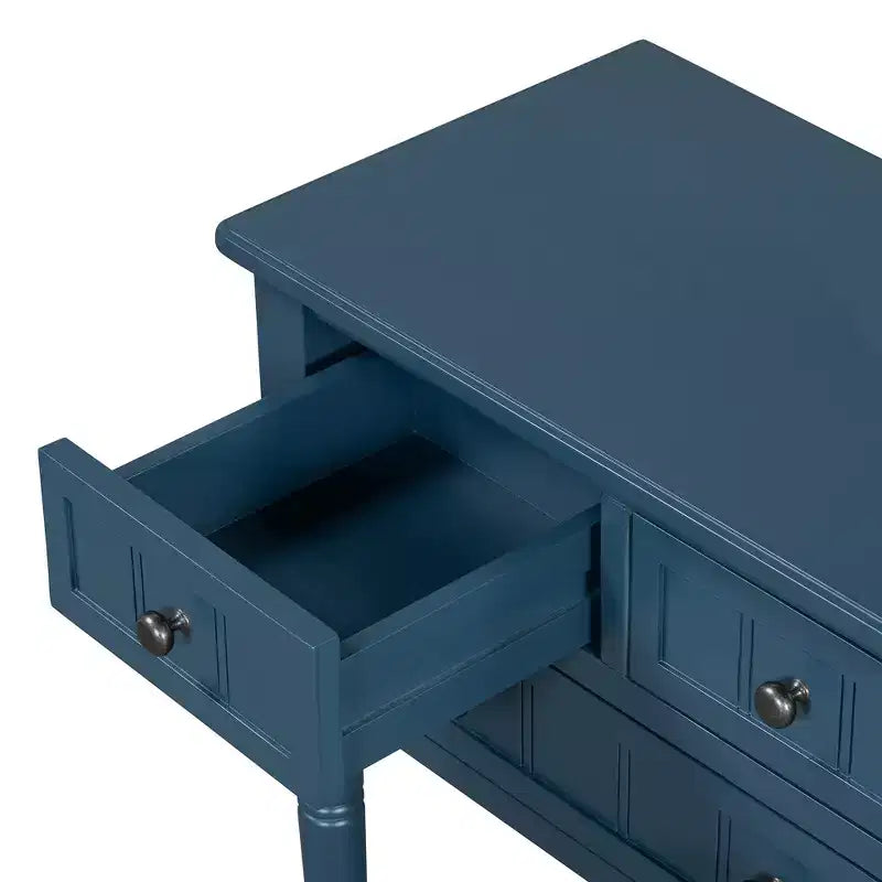 Console étroite, table basse mince avec trois tiroirs de rangement et étagère inférieure (bleu foncé)