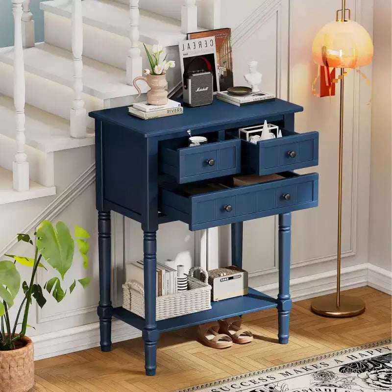 Console étroite, table basse mince avec trois tiroirs de rangement et étagère inférieure (bleu foncé)