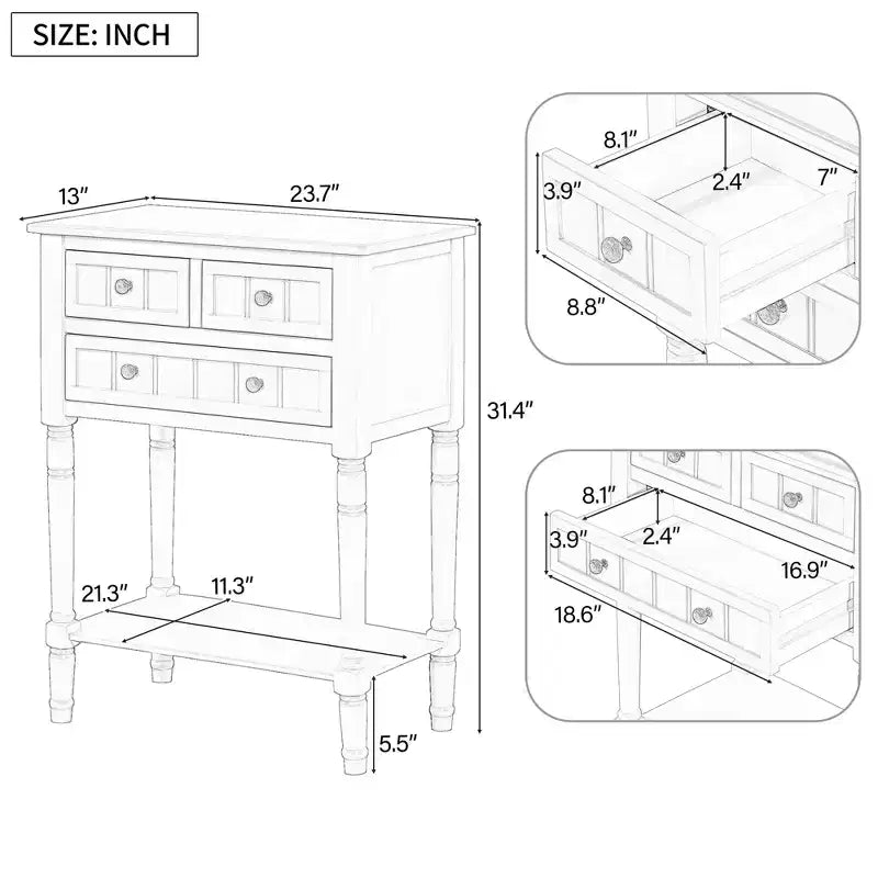 Console étroite, table basse mince avec trois tiroirs de rangement et étagère inférieure (bleu foncé)