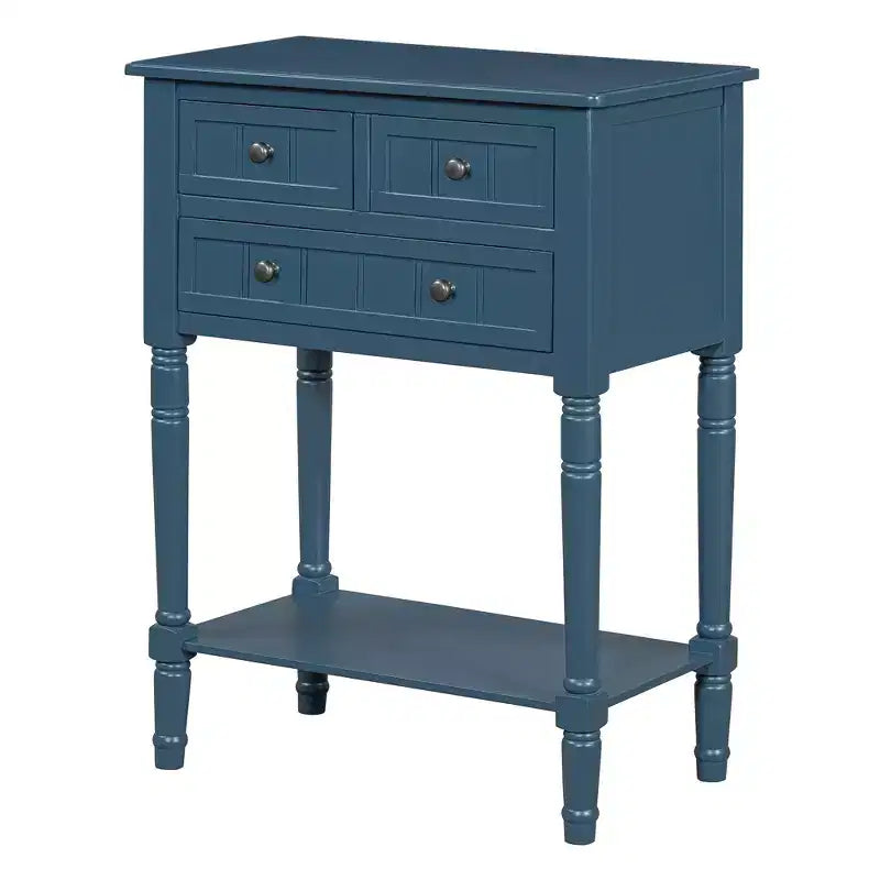 Console étroite, table basse mince avec trois tiroirs de rangement et étagère inférieure (bleu foncé)