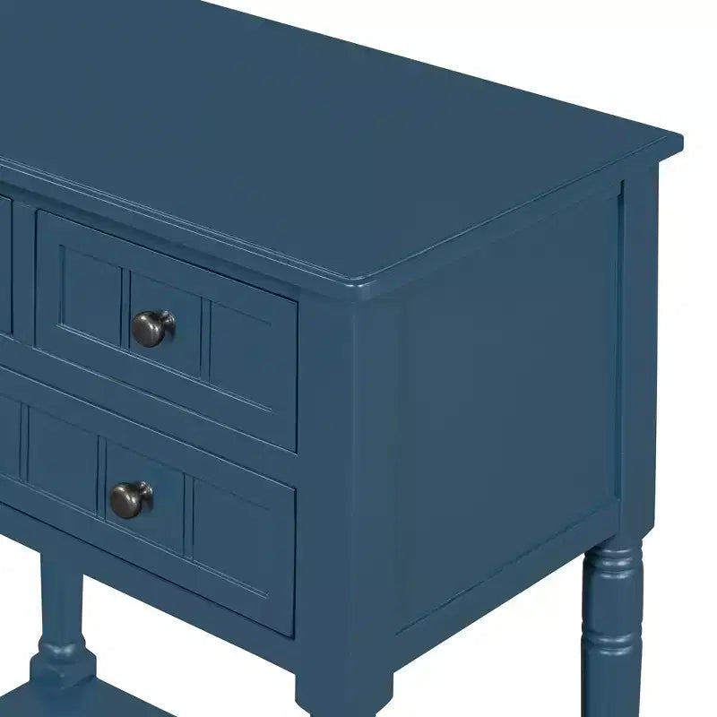 Console étroite, table basse mince avec trois tiroirs de rangement et étagère inférieure (bleu foncé)