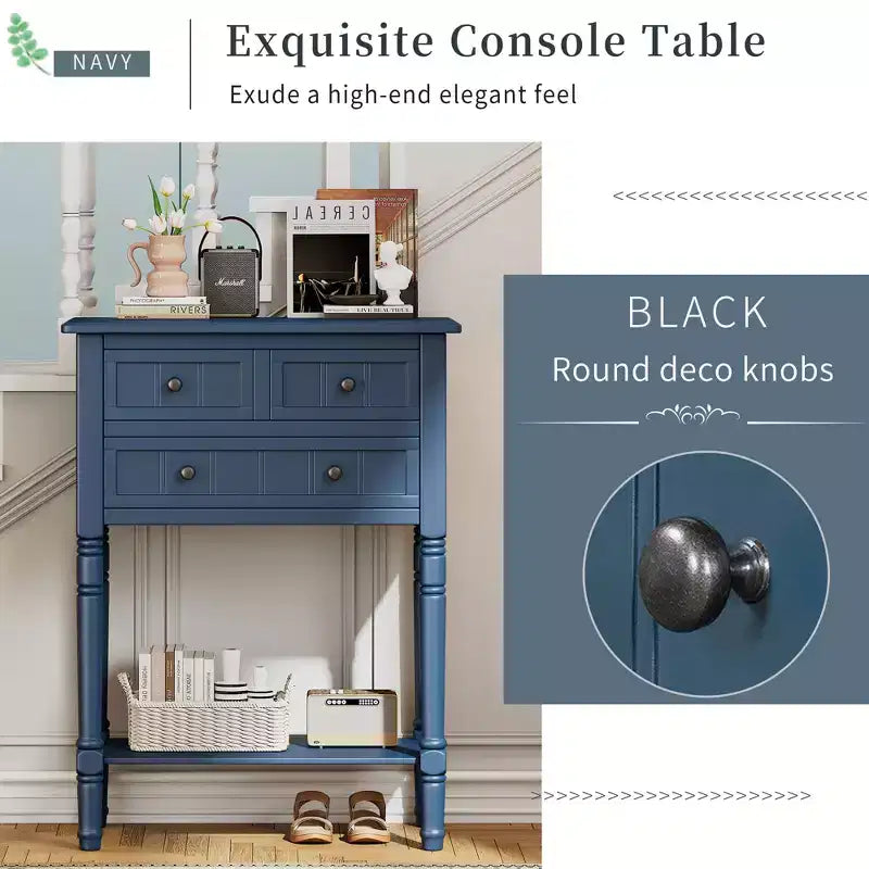 Console étroite, table basse mince avec trois tiroirs de rangement et étagère inférieure (bleu foncé)