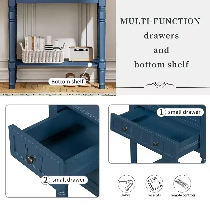 Console étroite, table basse mince avec trois tiroirs de rangement et étagère inférieure (bleu foncé)