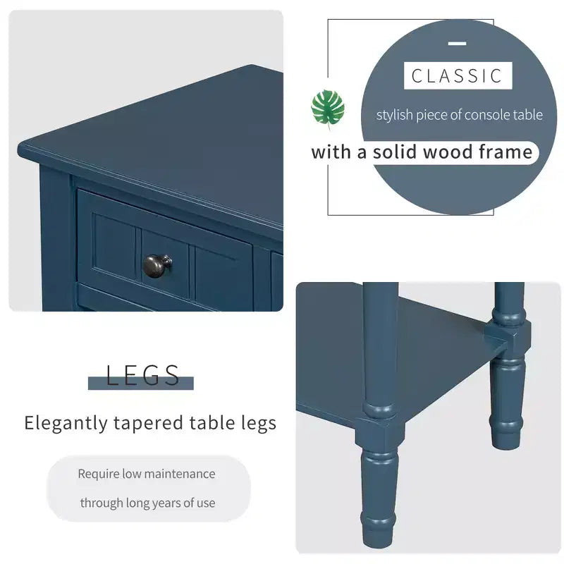 Console étroite, table basse mince avec trois tiroirs de rangement et étagère inférieure (bleu foncé)