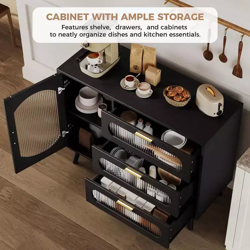 Buffet de Rangement, Bahut avec Porte en Verre Cannelé et Tiroirs, Noir