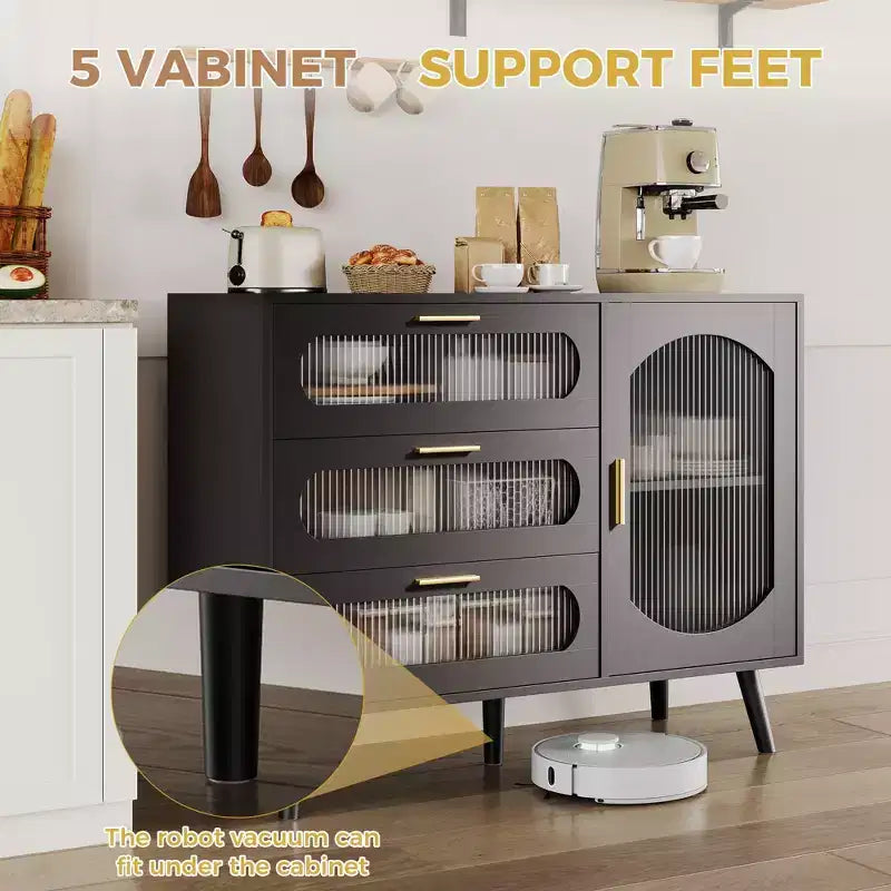 Buffet de Rangement, Bahut avec Porte en Verre Cannelé et Tiroirs, Noir