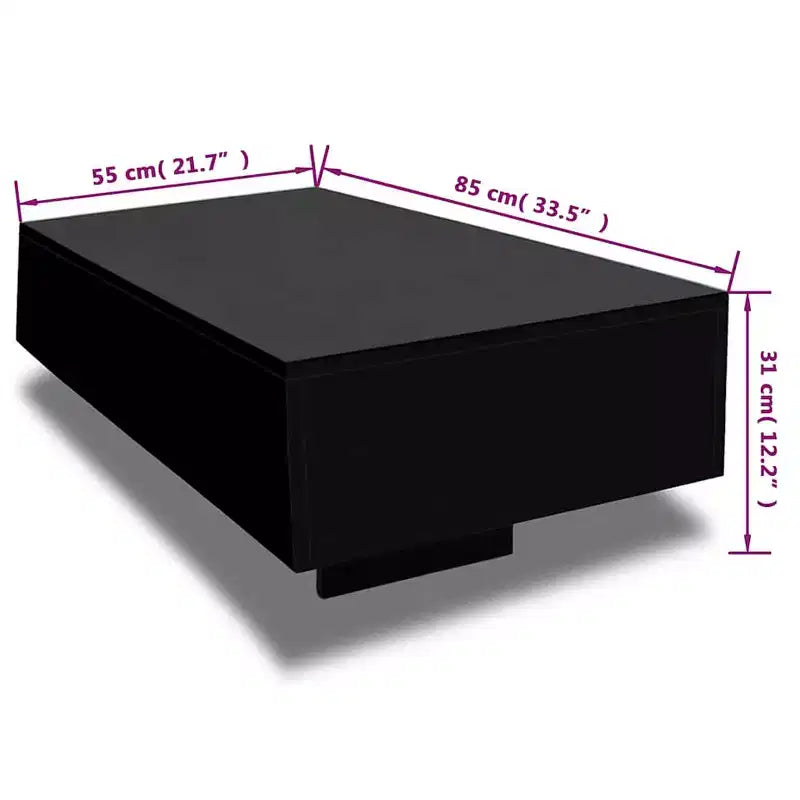 Table basse, MDF noir brillant, rectangulaire moderne, 85 cm