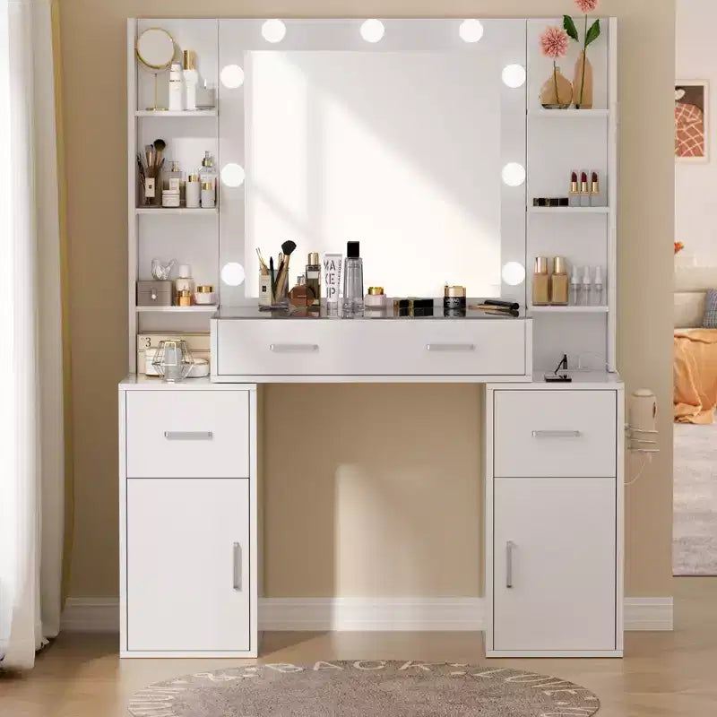 Coiffeuse avec miroir et lumières, plateau en verre, station de charge, 3 modes d'éclairage, blanc
