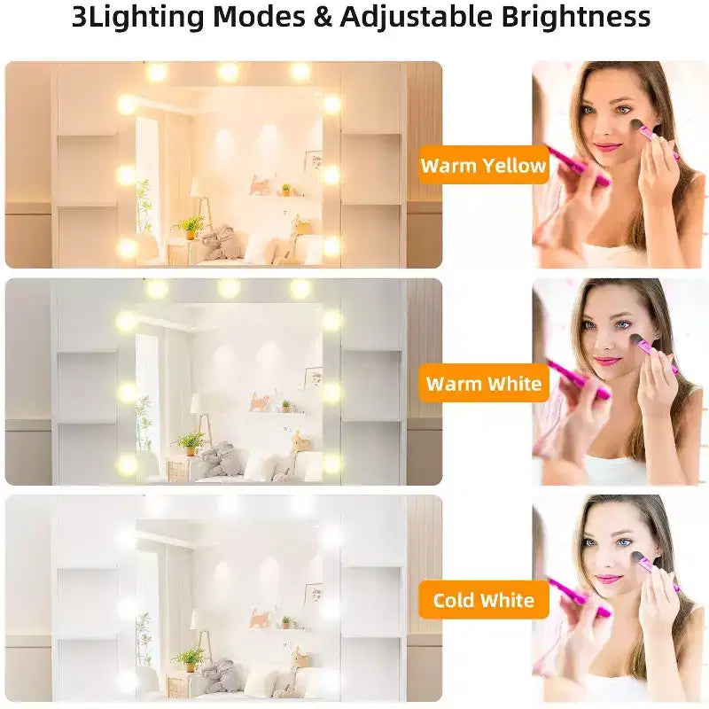 Coiffeuse avec miroir et lumières, plateau en verre, station de charge, 3 modes d'éclairage, blanc