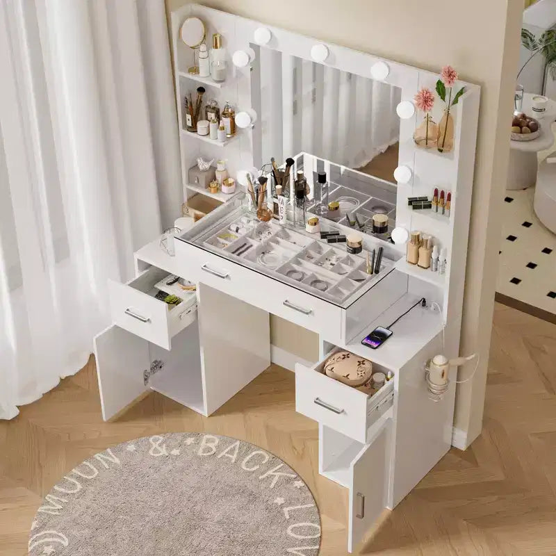 Coiffeuse avec miroir et lumières, plateau en verre, station de charge, 3 modes d'éclairage, blanc