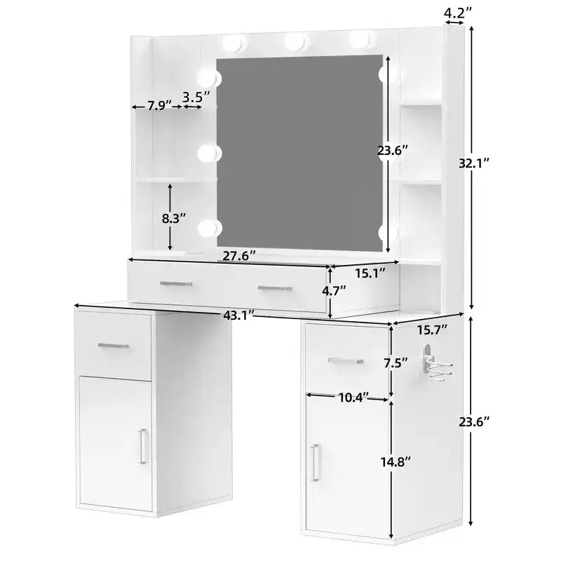 Coiffeuse avec miroir et lumières, plateau en verre, station de charge, 3 modes d'éclairage, blanc