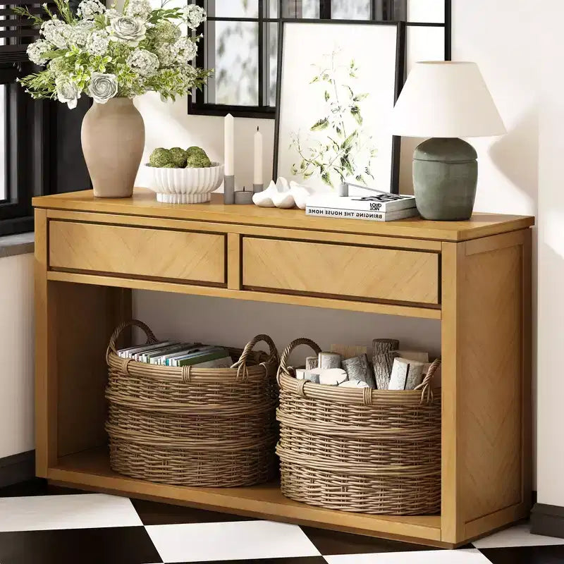 Console rustique de 140 cm avec 2 tiroirs, Table d'entrée avec étagère ouverte, Naturel