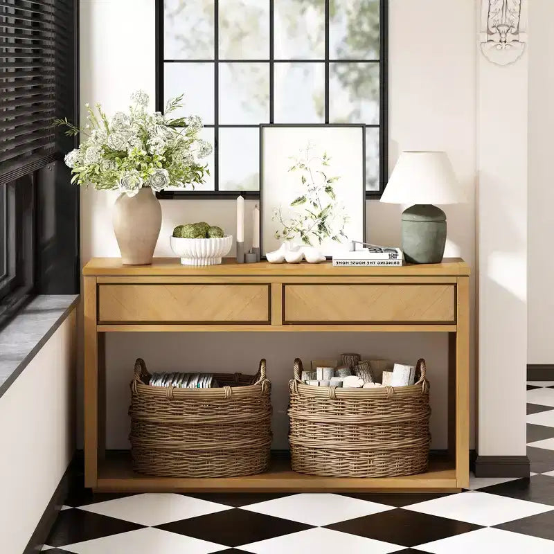 Console rustique de 140 cm avec 2 tiroirs, Table d'entrée avec étagère ouverte, Naturel