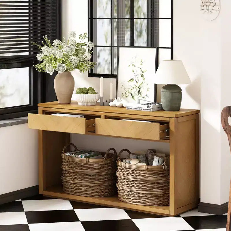 Console rustique de 140 cm avec 2 tiroirs, Table d'entrée avec étagère ouverte, Naturel