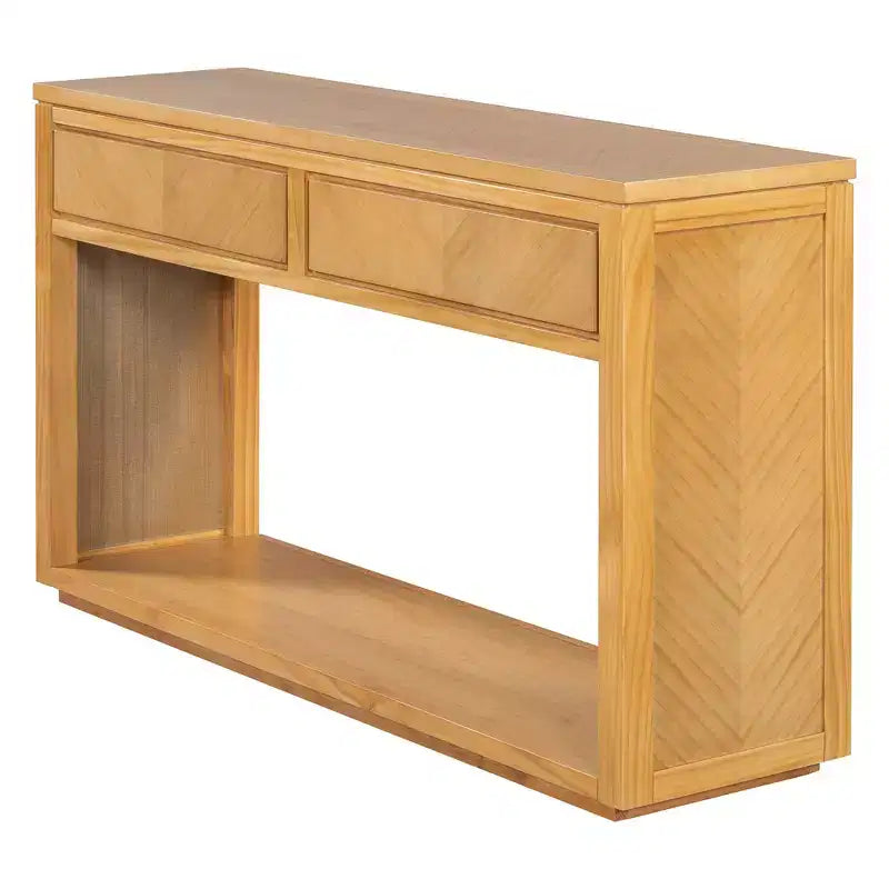 Console rustique de 140 cm avec 2 tiroirs, Table d'entrée avec étagère ouverte, Naturel