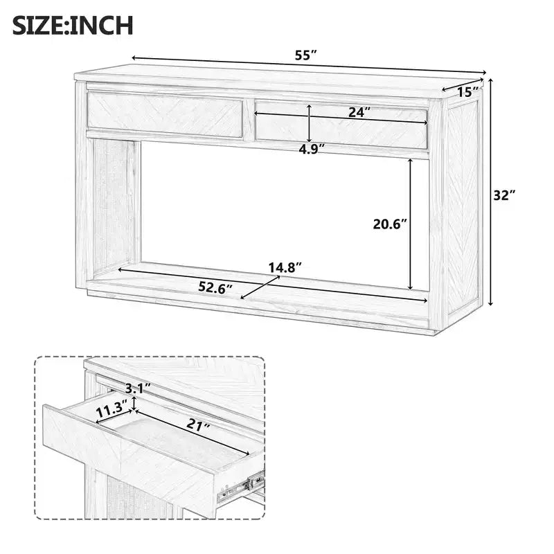 Console rustique de 140 cm avec 2 tiroirs, Table d'entrée avec étagère ouverte, Naturel