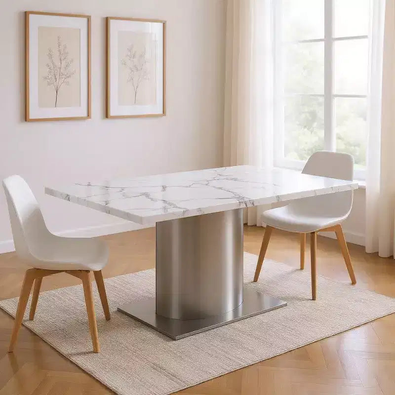 Table à manger sur pied 72" en marbre gris, blanc et argenté et acier inoxydable